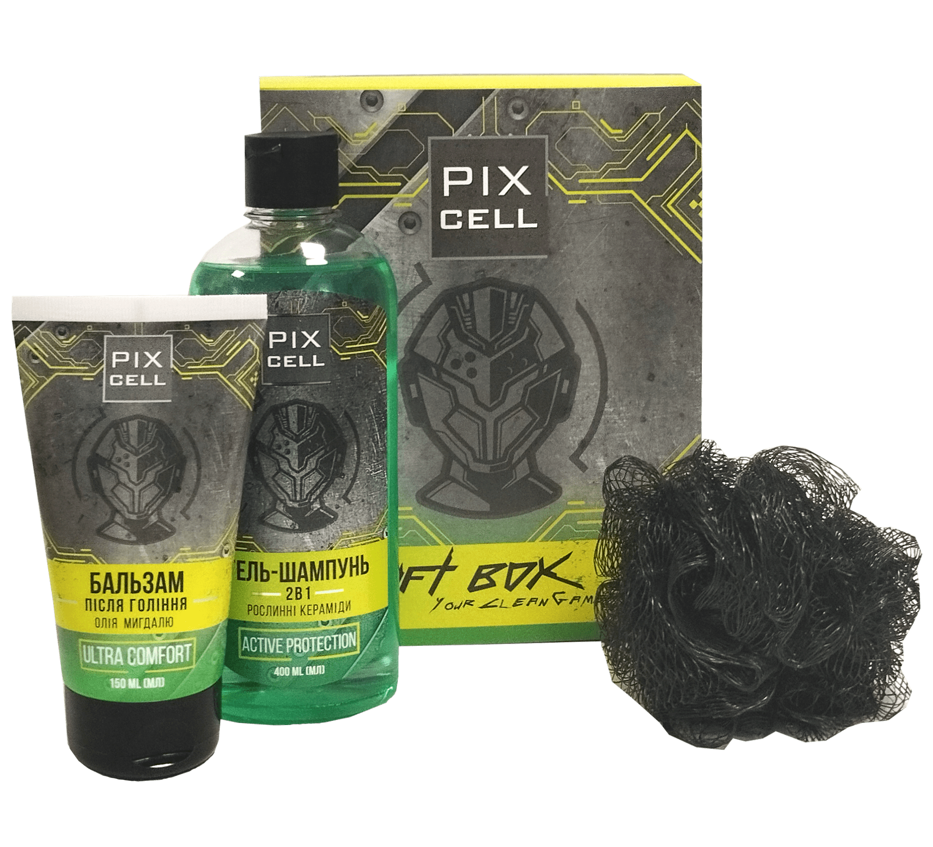 Набор подарочный Pixcell (бальзам после бритья 150 мл, гель-шампунь 400 мл, мочалка)