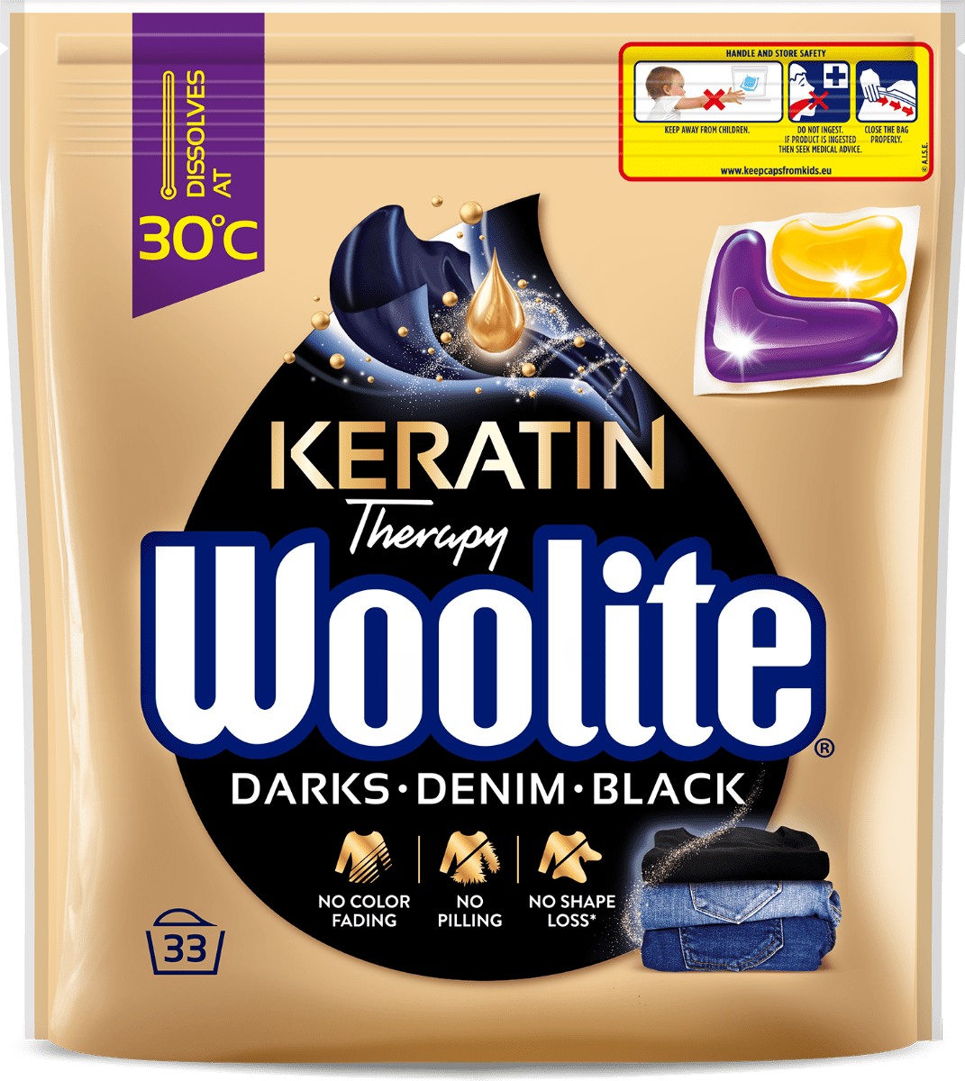 Капсули для прання Woolite для чорних та джинсових тканин з Кератином, 33 циклів прання, 33 шт.