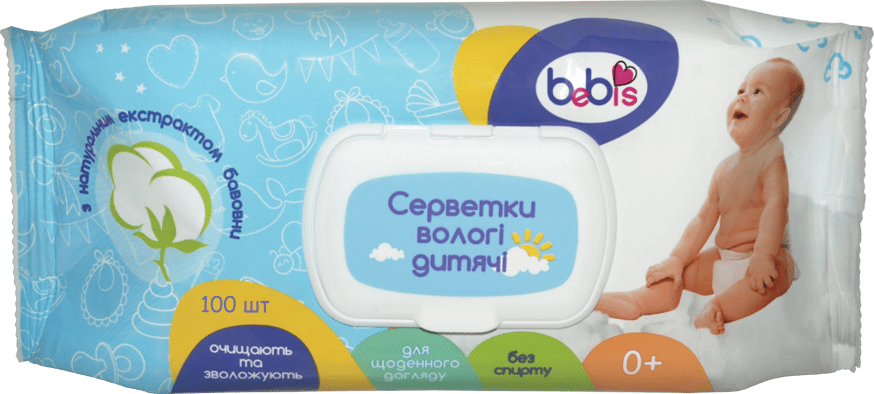 Bebis салфетки влажные детские с экстрактом хлопка с клапаном, 100 шт