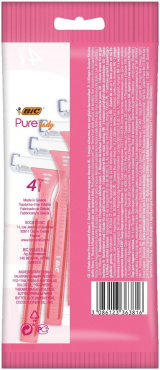 Бритва BIC ПЮР 3 ЛЕДИ ПИНК женская розовая с тремя фиксированными лезвиями в мягкой упаковке 4 штуки фото 1