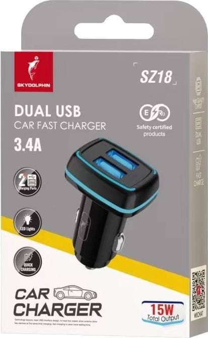 Автомобільний зарядний пристрій SkyDolphin SZ18, 2 x USB, 3.4 A, колір black