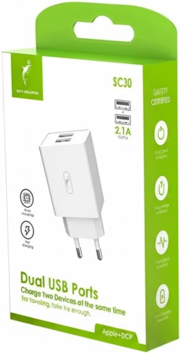 SkyDolphin Мережевий зарядний пристрій SC30V 2USB/2.1A з кабелем Micro USB білий