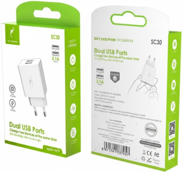 Сетевое зарядное устройство SkyDolphin SC30V: адаптер 2 x USB 2.1A 1 шт., кабель Micro USB 1 шт. фото 1