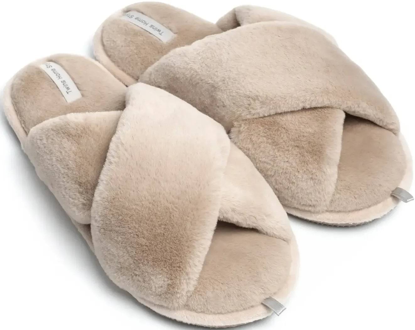 Домашние женские тапочки Twins HS-LUX меховые перекрест latte (X) размер 38-39