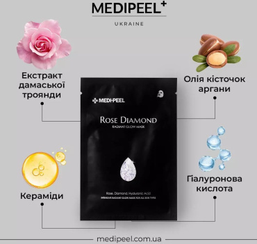 Тканинна маска для обличчя Medi-Peel Rose Diamond Radiant Glow Mask з алмазною пудрою 25 мл фото 3