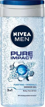 Гель для душа NIVEA MEN Pure Impact 3 в 1 для тела, лица и волос 250 мл