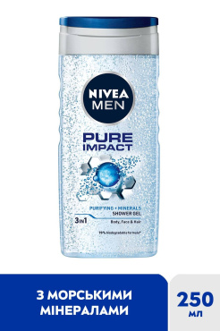 Гель для душа NIVEA MEN Pure Impact 3 в 1 для тела, лица и волос 250 мл фото 2