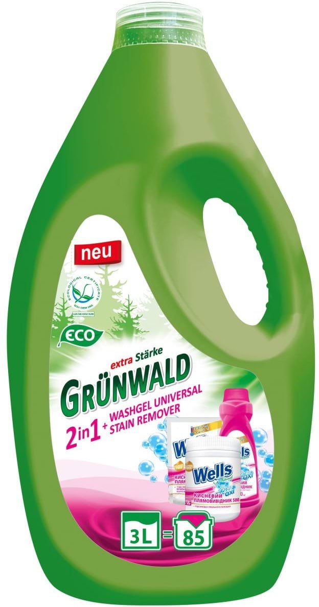 Grünwald гель для прання кольорових та білих  тканин 2в1 (stain remover), 3 л