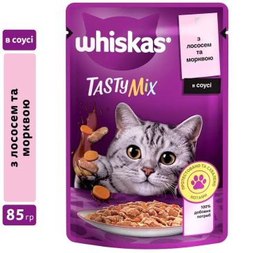 Корм для кошек Whiskas Tasty Mix влажный с лососем и морковью в соусе 85 г фото 1