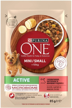 Корм для собак Purina One Mini Active з яловичиною, картоплею та морквою у підливці 85 г фото 1