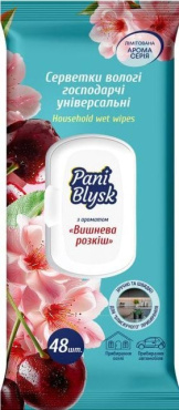 Вологі серветки Pani Blysk господарчі універсальні з клапаном Вишнева розкіш 48 шт.