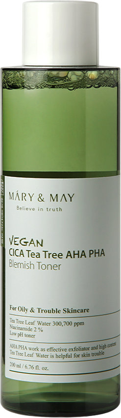 Тонер для обличчя Mary&May веганський vegan cica tea tree aha pha blemish toner з кислотами та екстрактами центлели та чайного дерева 200 мл 1
