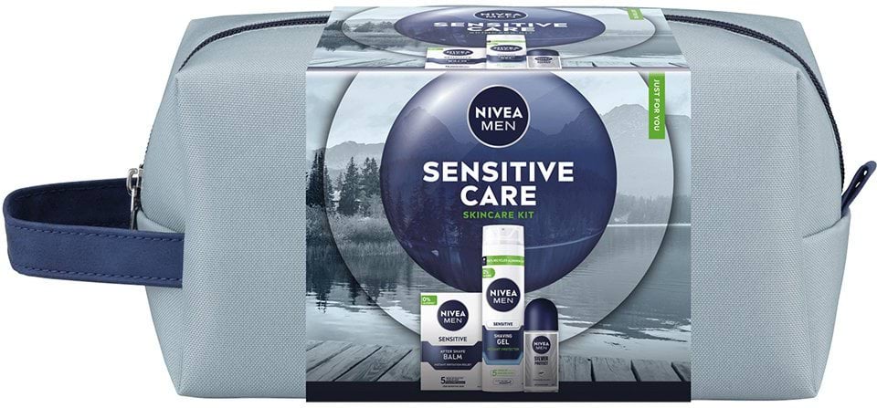 Подарунковий набір NIVEA MEN Sensitive Care: бальзам після гоління 100 мл, косметичка 1 шт., гель для гоління 200 мл, дезодорант кульковий 50 мл