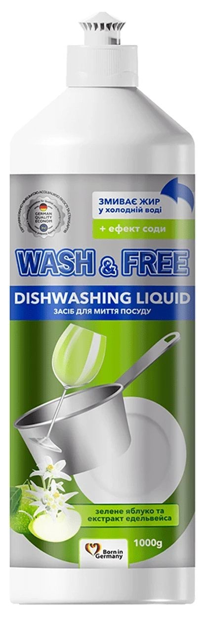 Засіб для миття посуду Wash&Free зелене яблуко та екстракт едельвейса 1000г 1
