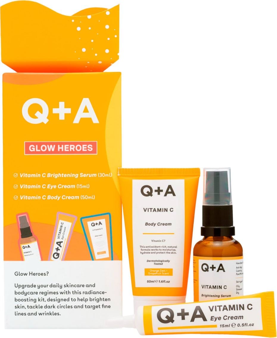 Набір подарунковий Q+A Glow Heroes Gift Set Сироватка для обличчя 30 мл + Крем для зони навколо очей 15 мл + Крем для тіла 50 мл