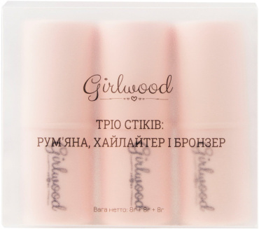 Набор стиков Girlwood 03 Запылённая роза (румяна 8 г + хайлайтер 8 г + бронзер 8 г)