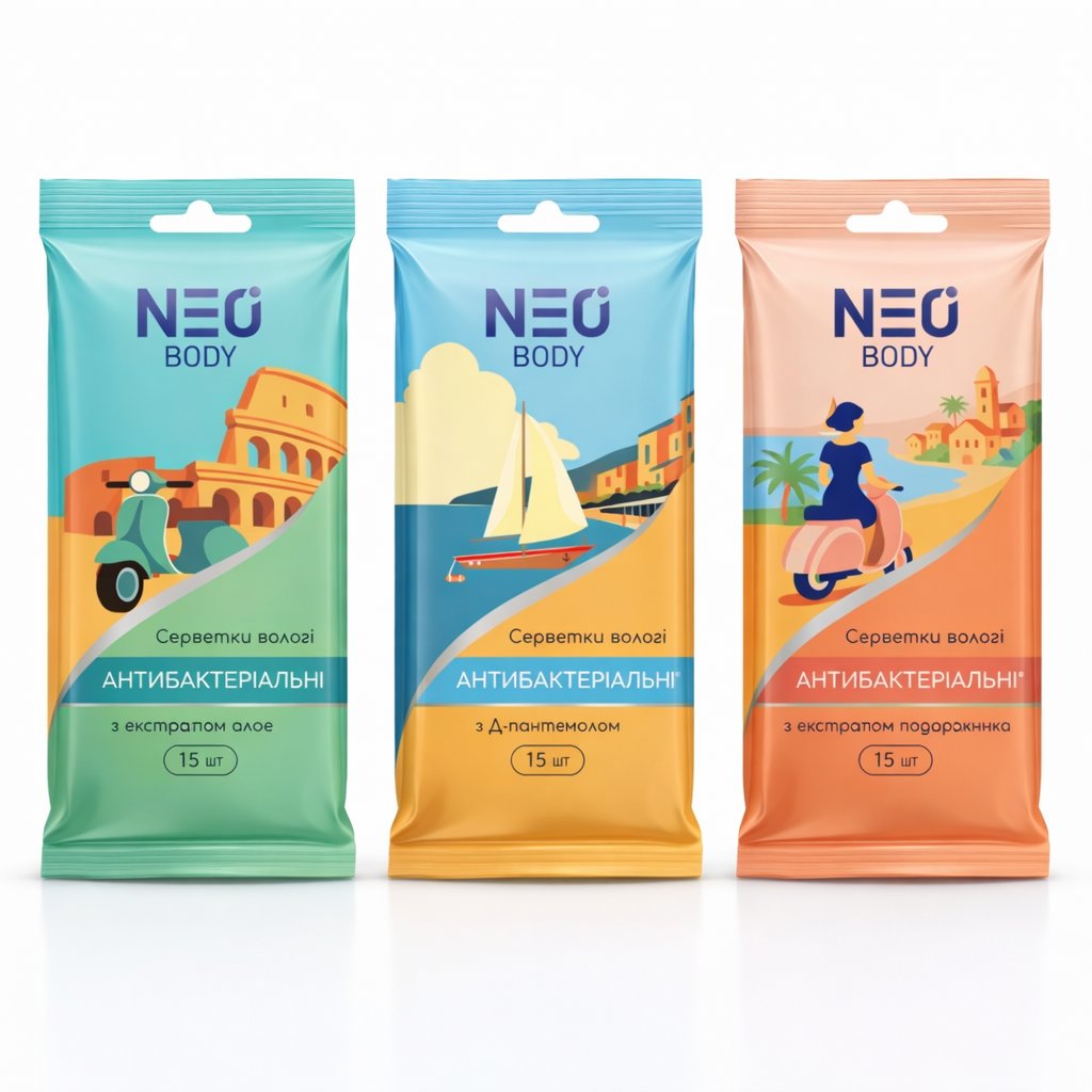 Влажные салфетки NEO Body антибактериальные с экстрактом подорожника 15 шт. фото 1