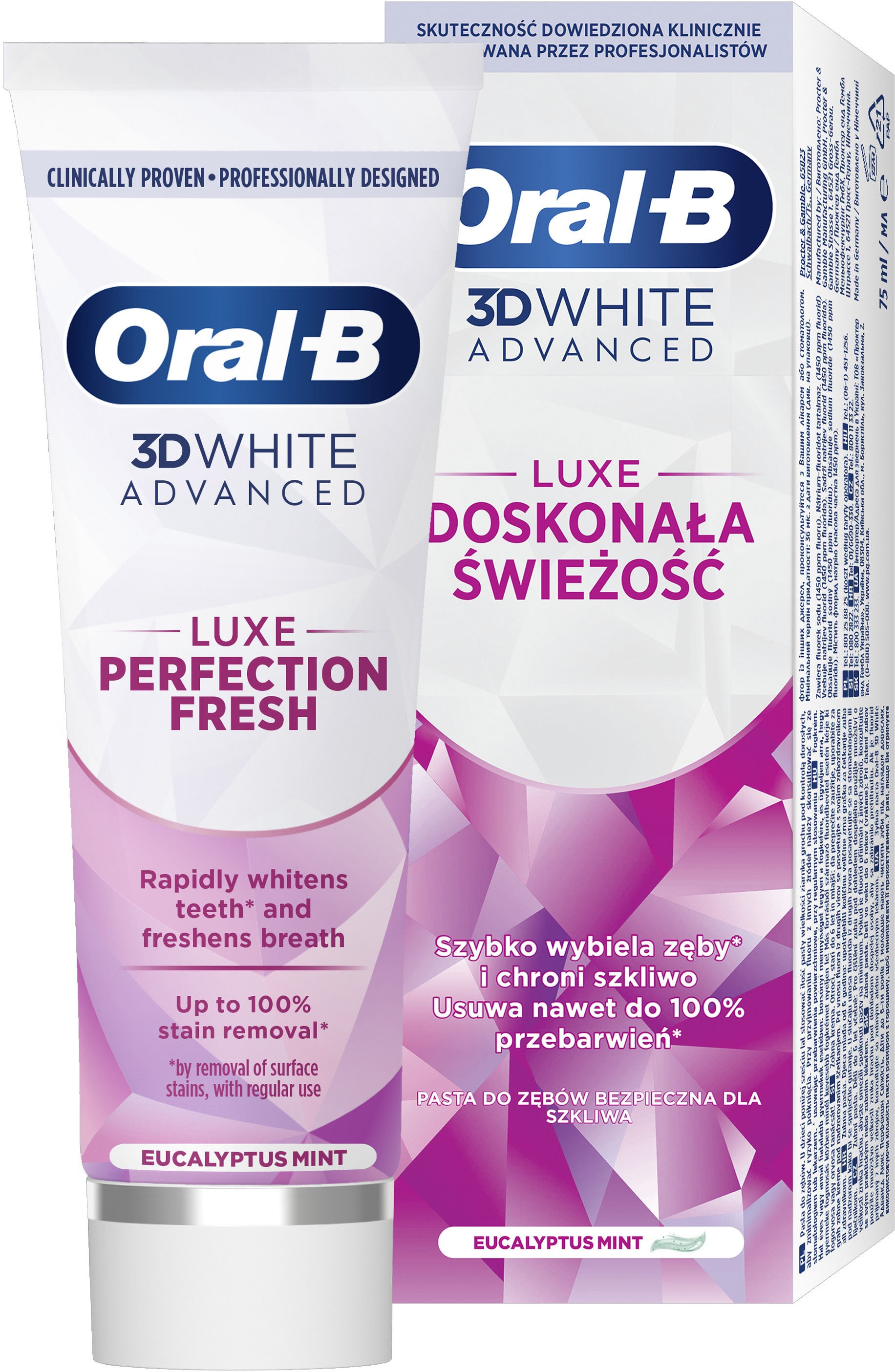 Зубна паста Oral-B 3D White Advanced Luxe Perfection Прохолода м’яти та евкаліпту 75 мл фото 1