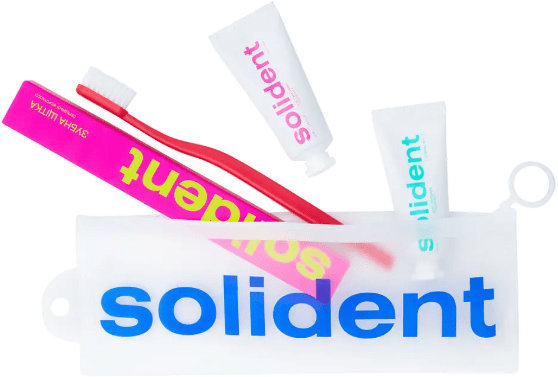 Набір для подорожей Solident (зубна щітка, зубна паста Original 25 г, зубна паста Peach Mint 25 г, косметичка) 1 шт.