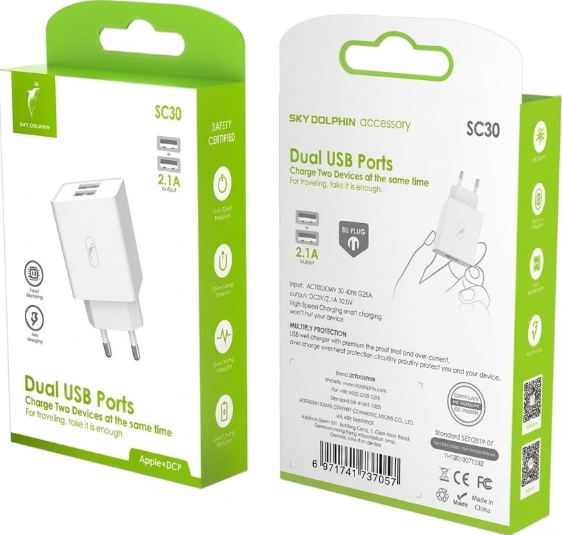 SkyDolphin Мережевий зарядний пристрій  SC30 2USB/2.1A білий 3