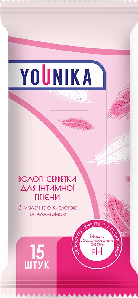 YOUNIKA серветки вологі для інтимної гігієни з молочною кислотою та алантоїном, 15 штук 1