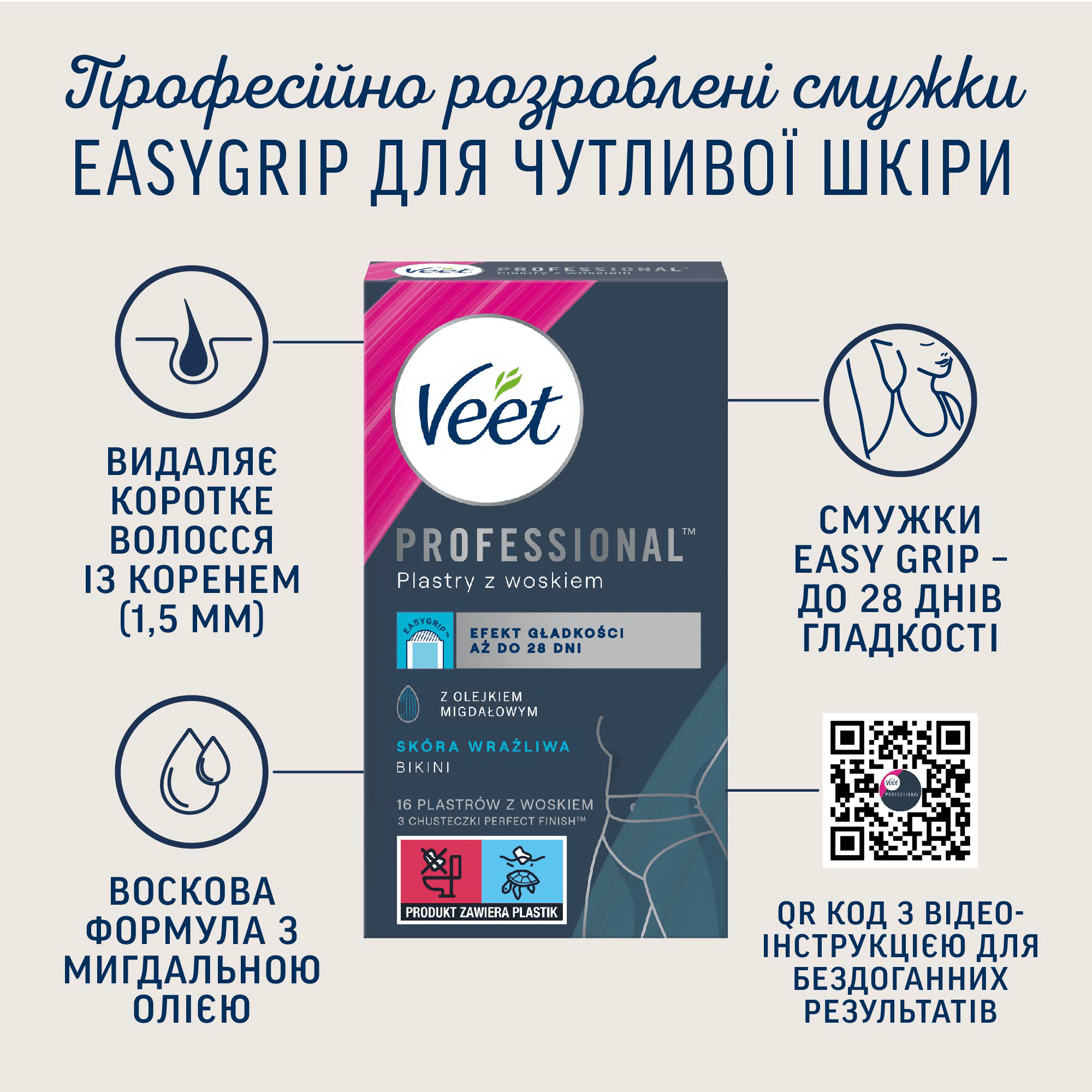 Воскові смужки для депіляції Veet Professional для чутливої шкіри лінії бікіні та області під пахвами, з олією мигдалю, 16 шт. фото 6