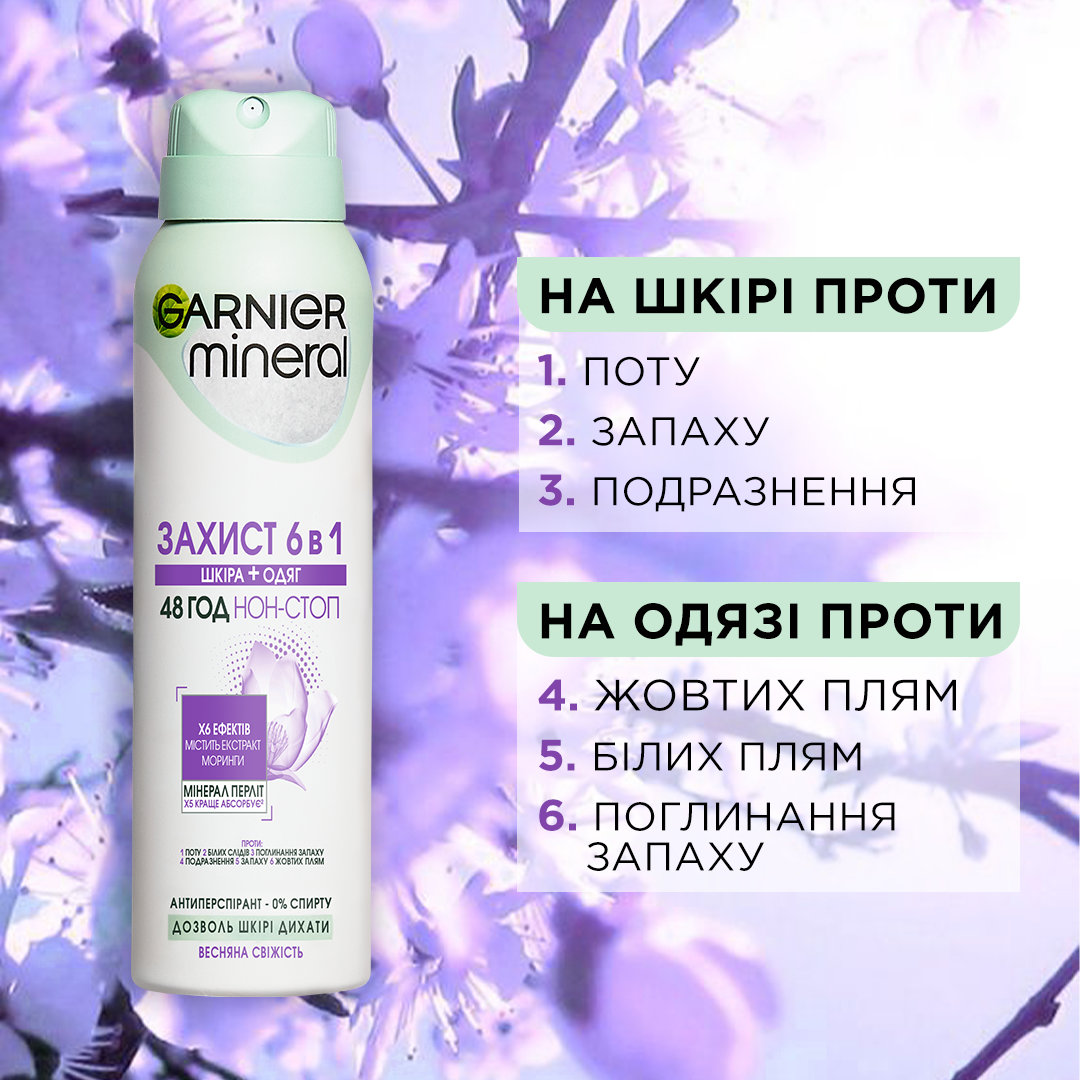 Антиперспірант-спрей Garnier Mineral Захист 6 в 1 Весняна свіжість 150 мл фото 3