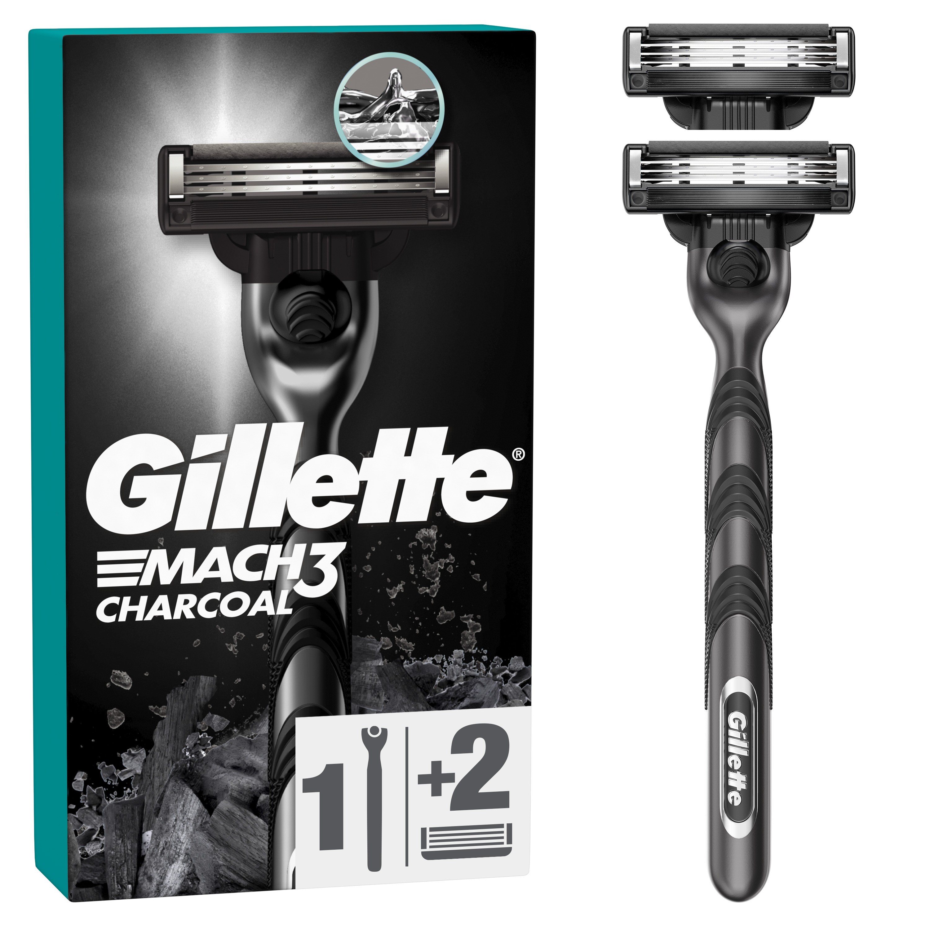 Станок для бритья мужской (Бритва) Gillette Mach3 Charcoal с 2 сменными картриджами,1 шт