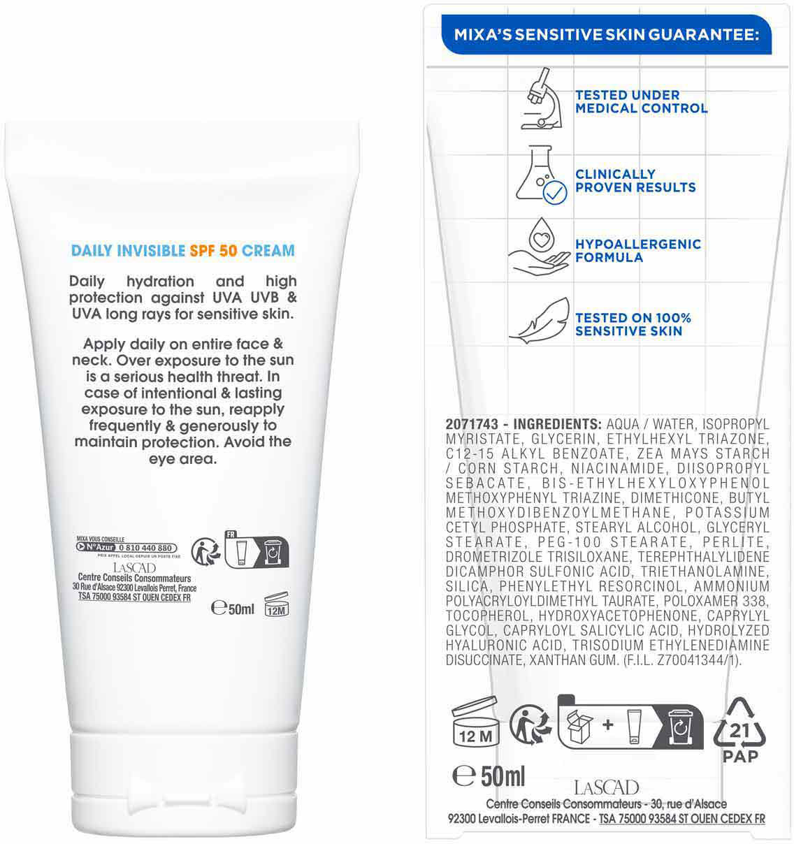 Крем для обличчя Mixa Lab SPF50 з гіалуроновою кислотою для сухої та чутливої шкіри 50 мл фото 2