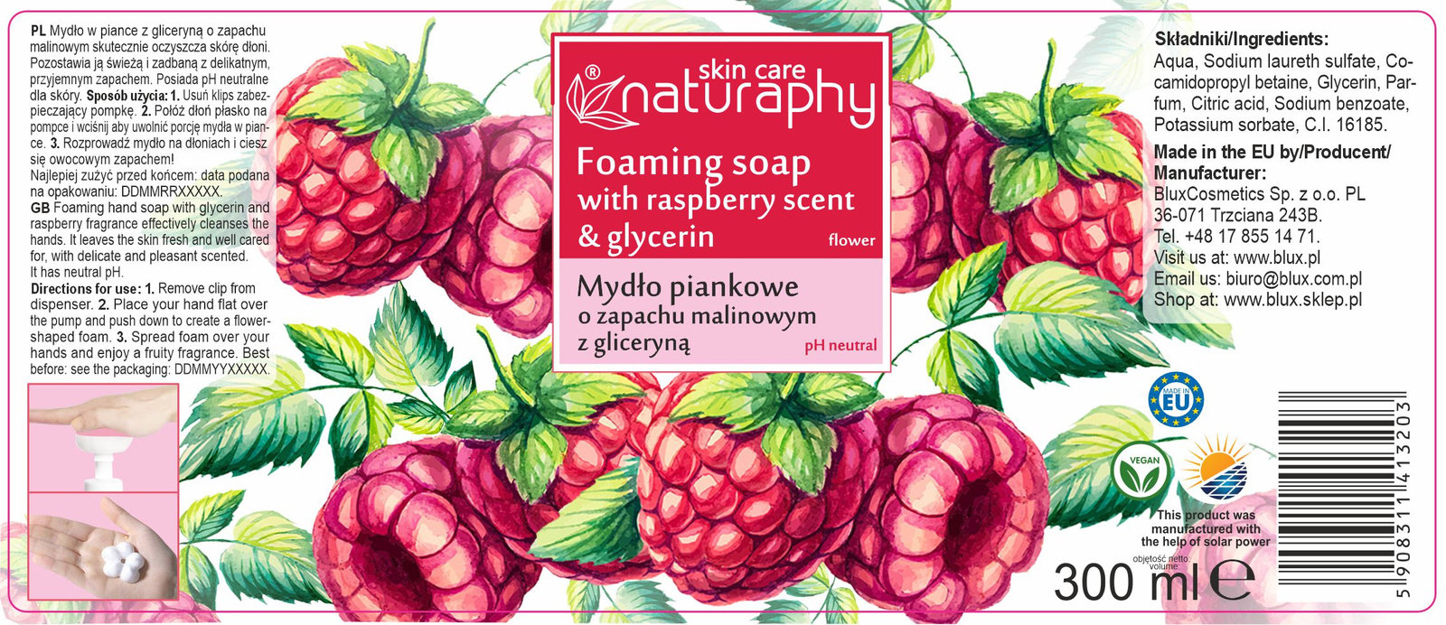 Мыло-пена для рук Naturaphy Foaming Soap Raspberry & Glycerin с дозатором 300 мл фото 1