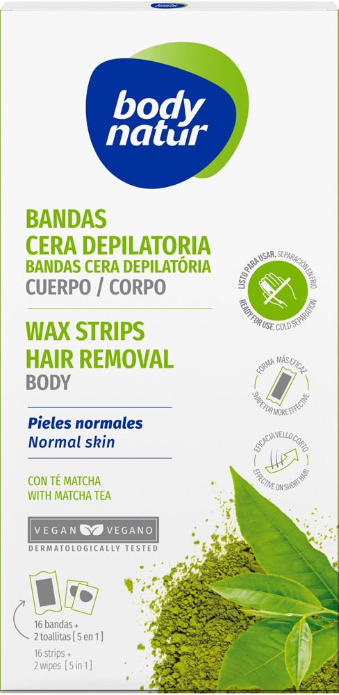 Body Natur воскові смужки для депіляції тіла з чаєм матча для нормальної та сухої шкіри 16 смужок+2 серветки 2