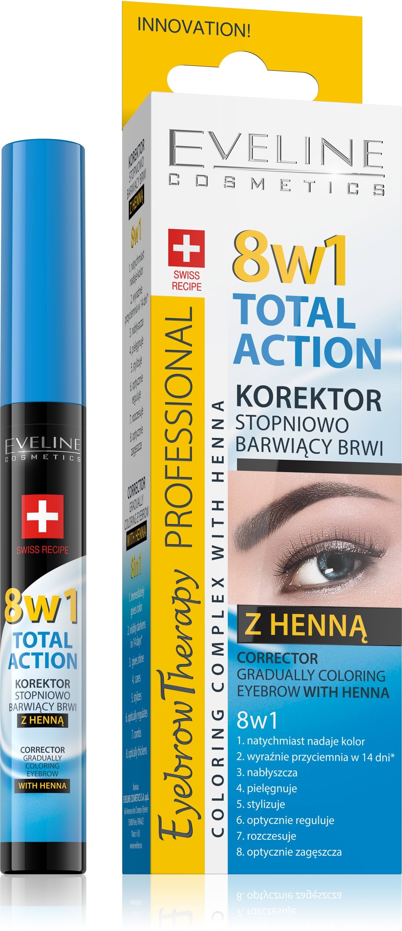 Коректор для брів 8в1 Eveline Total Action з фарбувальним ефектом і хною 10 мл