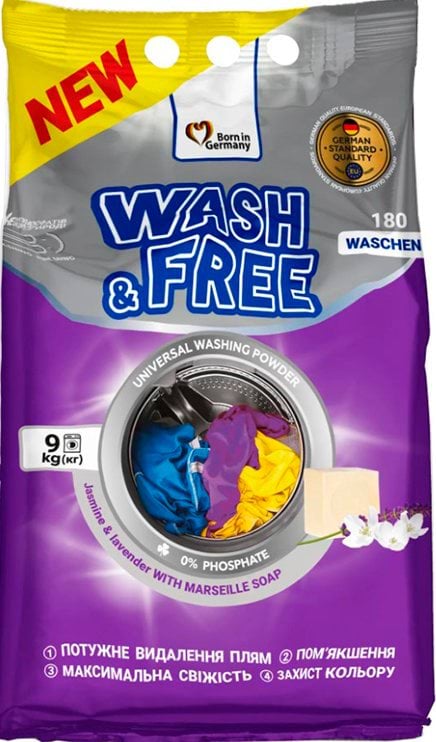 Порошок для стирки Wash & Free жасмин и лаванда универсальный 180 стирок 9 кг