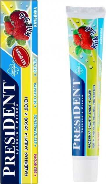 President зубная паста Kids клубника без фтора от 3 до 6 лет, 50 мл