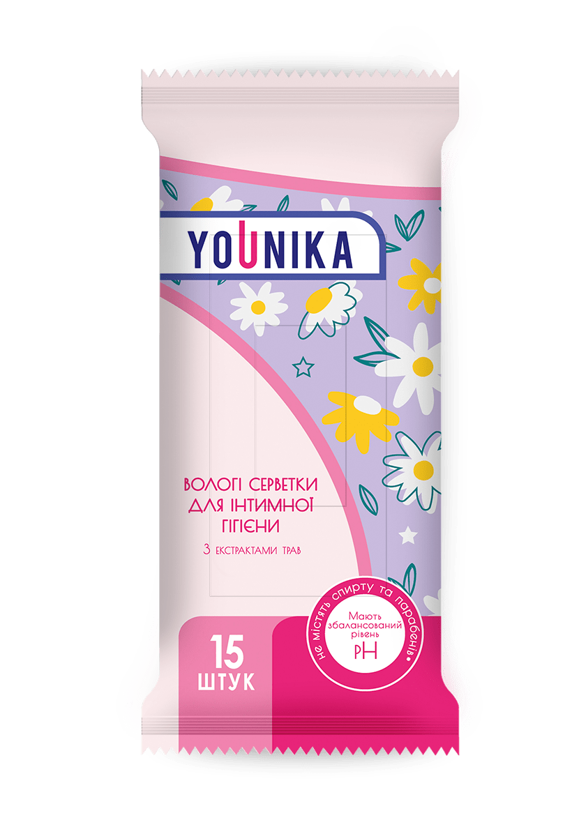 YOUNIKA серветки вологі для інтимної гігієни з екстрактами трав, 15 штук