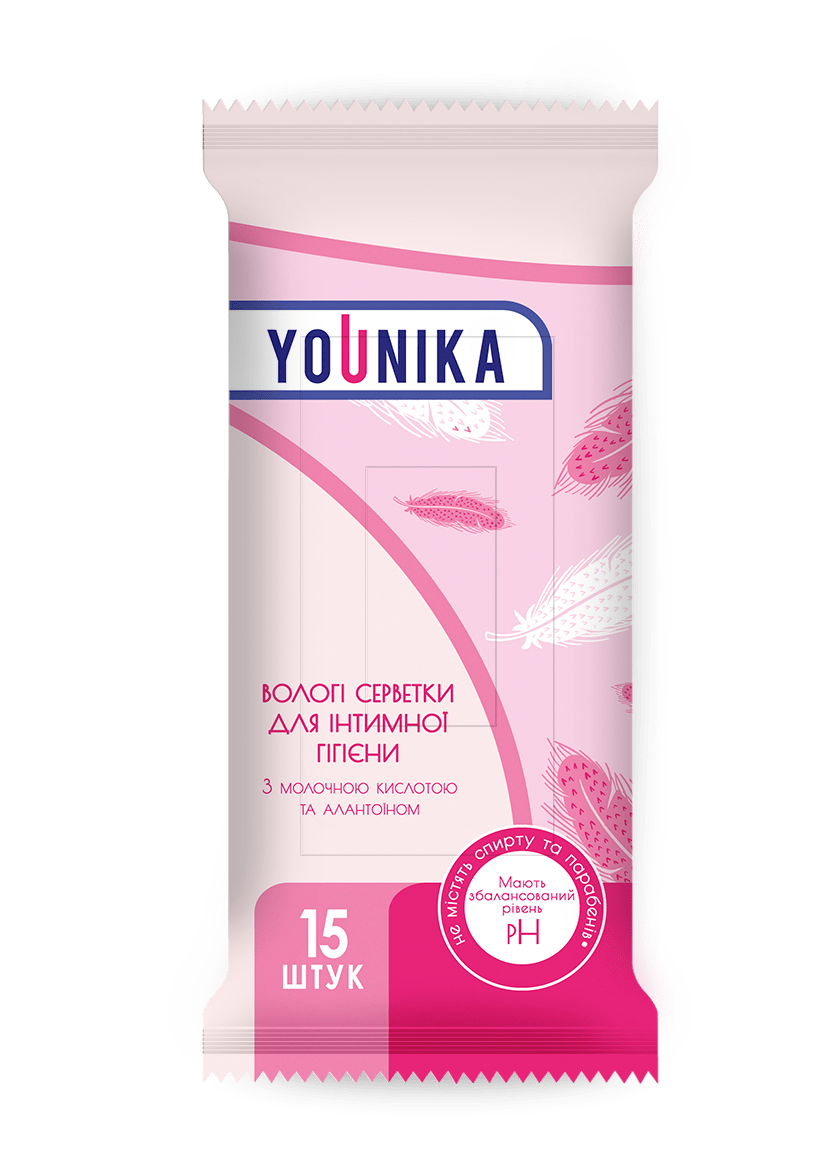 YOUNIKA серветки вологі для інтимної гігієни з молочною кислотою та алантоїном, 15 штук