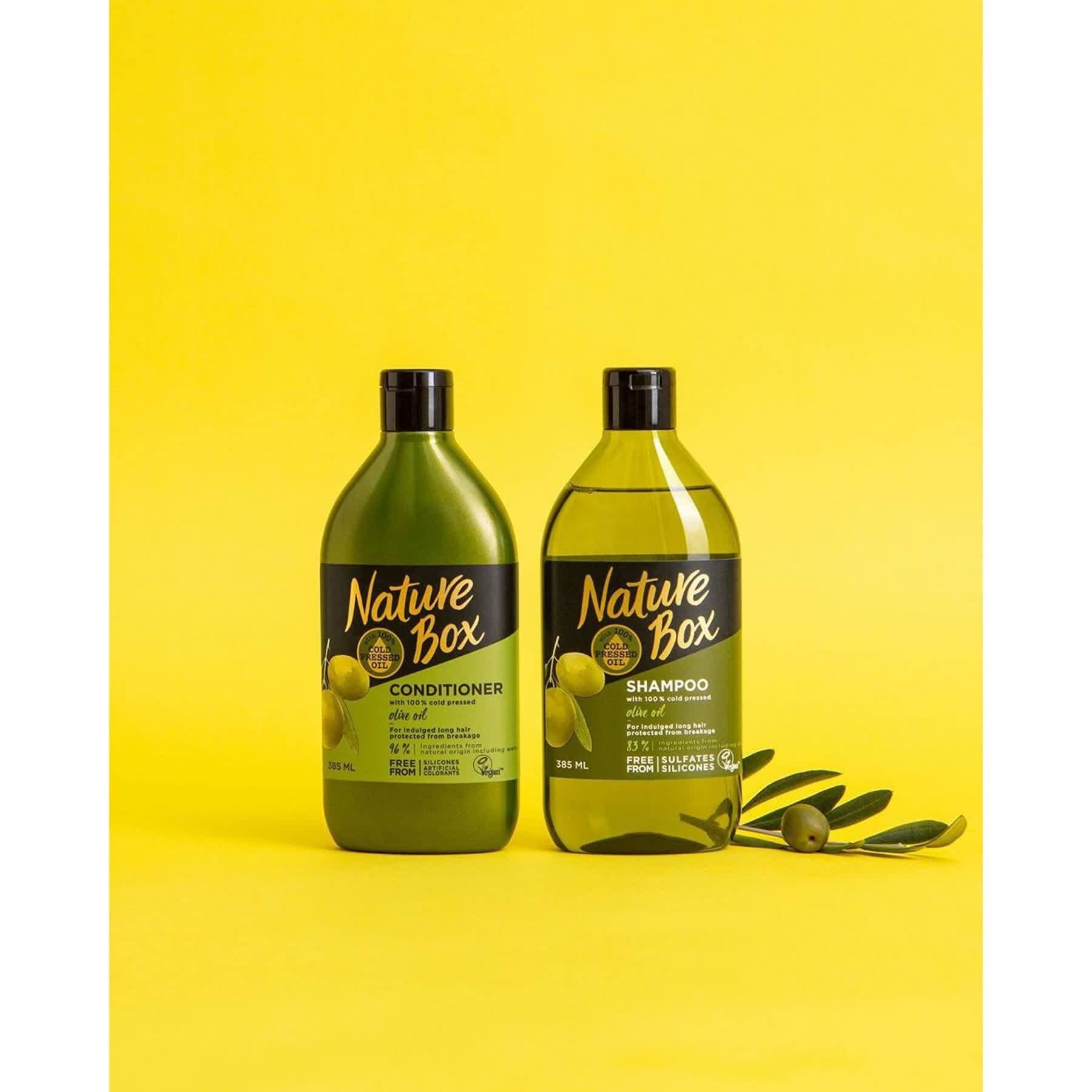 Шампунь Nature Box для зміцнення довгого волосся та протидії ламкості з оливковою олією холодного віджиму 385 мл