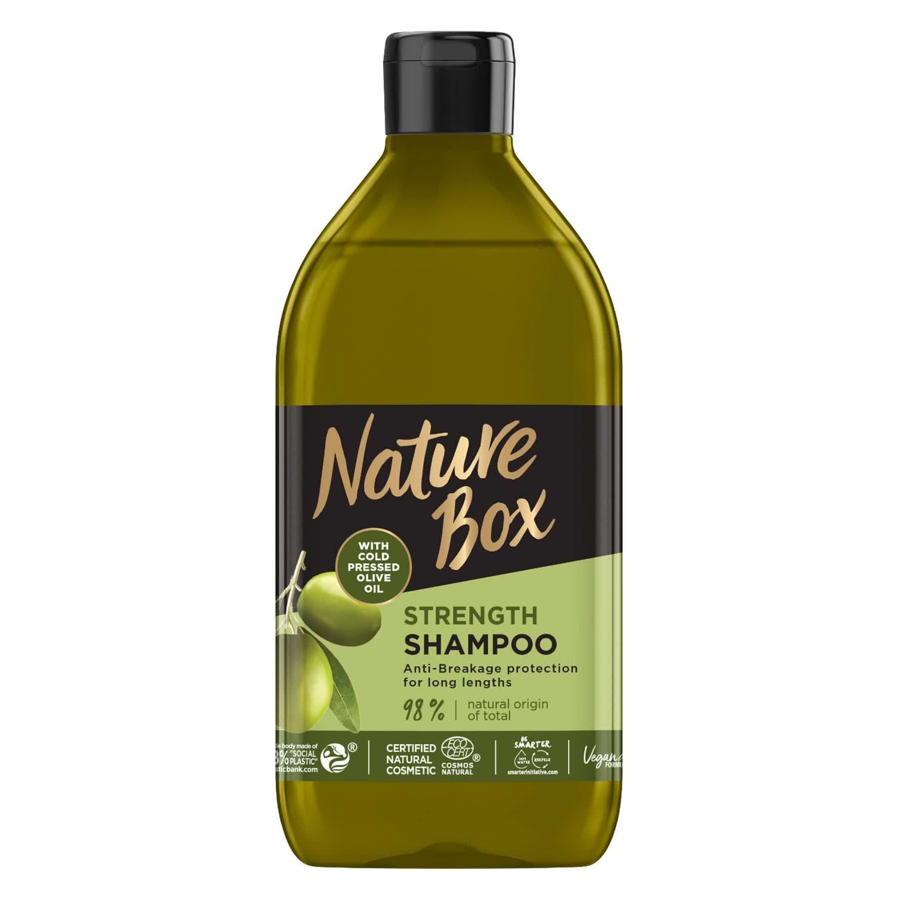 Шампунь Nature Box для зміцнення довгого волосся та протидії ламкості з оливковою олією холодного віджиму 385 мл