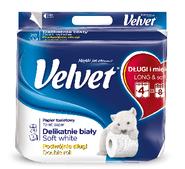 Папір туалетний Velvet Long & Strong 3-шаровий білий, 300 відривів, 4 шт