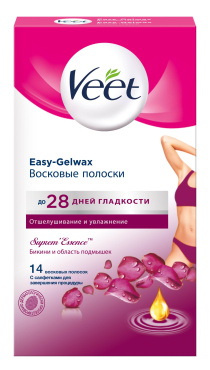 Восковые полоски Veet Easy-Gelwax для чувствительной кожи (линия бикини и область под мышками) бархатная роза и эфирные масла 14 шт фото 6