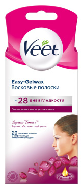 Воскові смужки Veet Easy-Gelwax для чутливих ділянок тіла (обличчя) оксамитова троянда та ефірні олії 20 шт