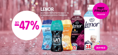 до -47% на всі рідкі кондиціонери для білизни та парфумовані кодниціонери в гранулах ТМ LENOR